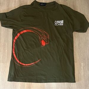 Cavalli Class Olive Green Short Sleeve Tee with Red Graphic